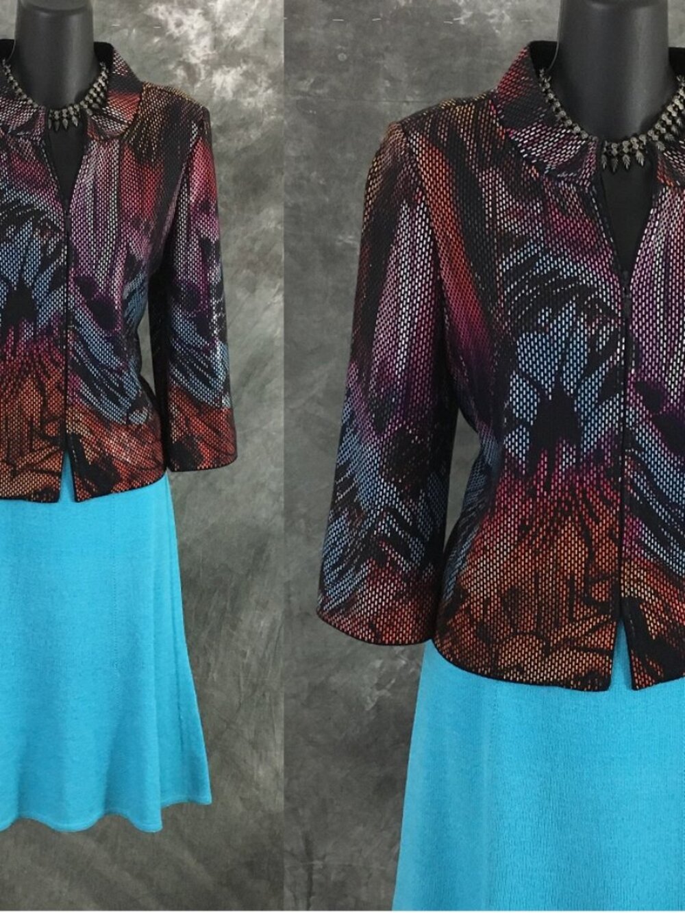 BEAUTIFUL St John couture knit blue pink black multi jacket skirt suit size 4